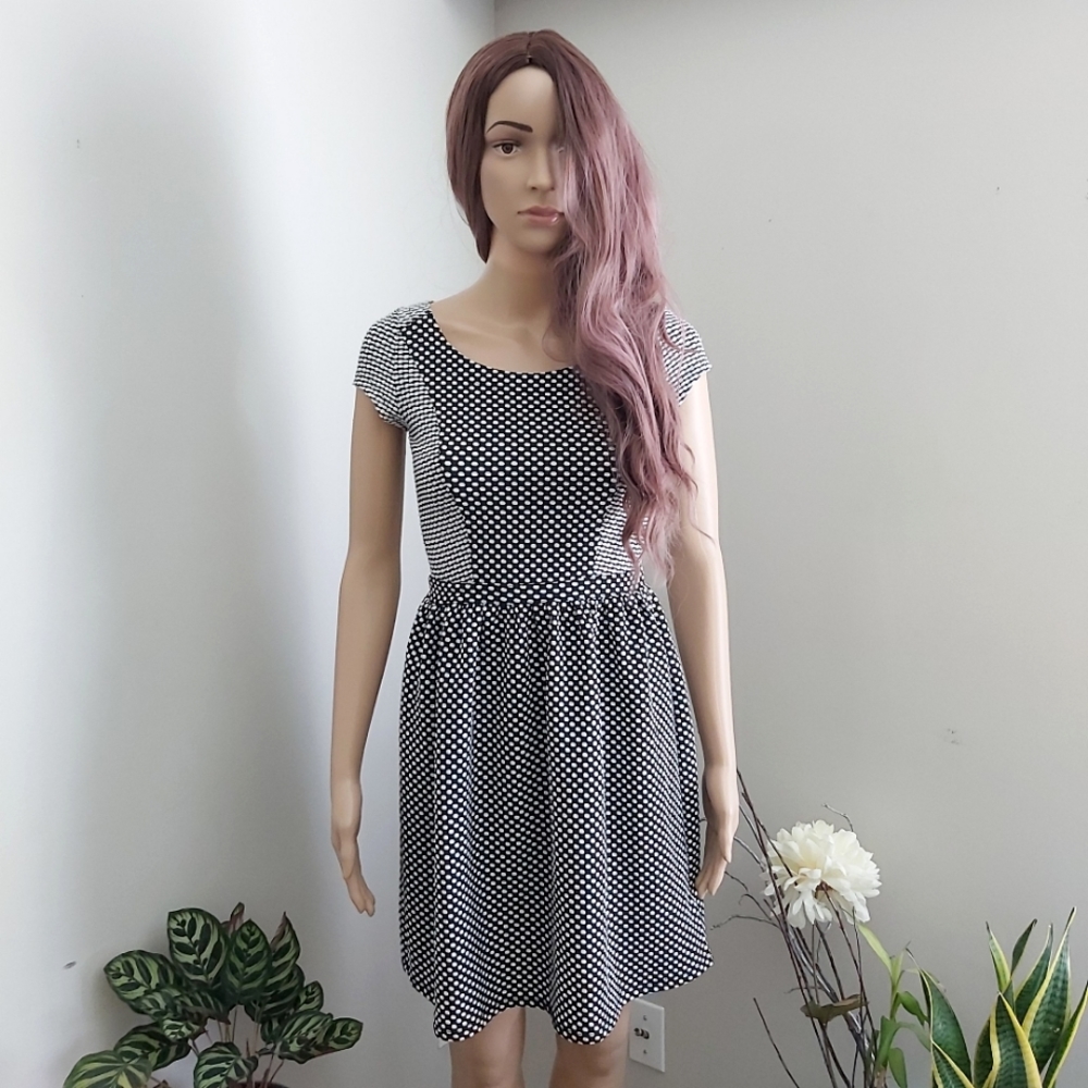 Cooperative polka dot dress black white cap sleeves cutout cottagecore y…